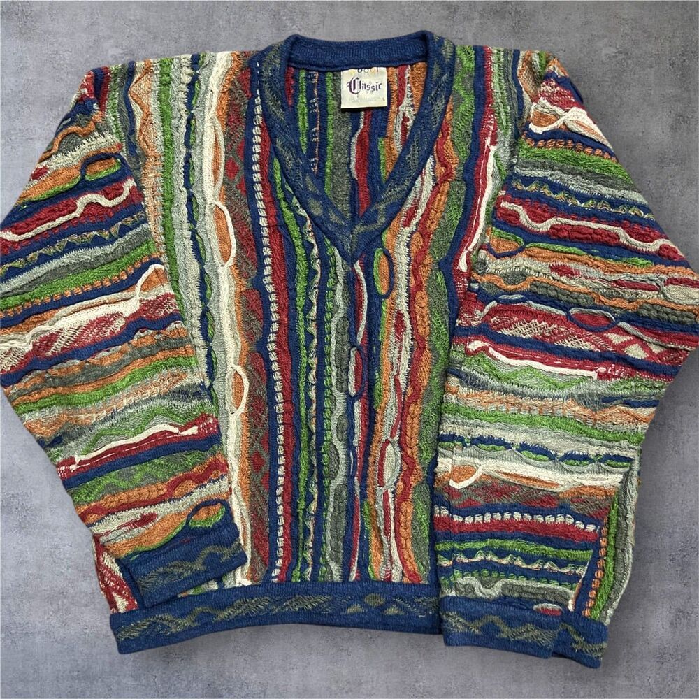 Coogi Australia Vintage 3D Knit Multicolor V-Neck Sweater Linen Blend Mens Large